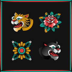 Traditional old school sticker set isolated on a black background vector