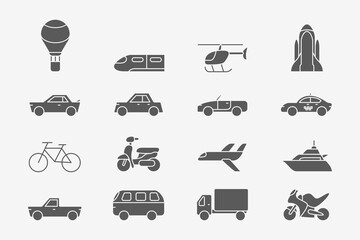 Transportation Icons set - Vector silhouettes of train, car, ship, bicycle, bus, airplane and etc. for the site or interface