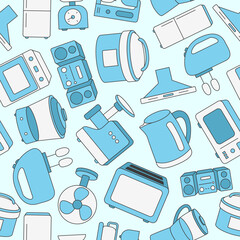 Home machines - Vector color background (seamless pattern) of microwave, oven, refrigerator, vacuum, blender, kettle and other appliances for graphic design