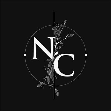 Letter NC Initial Logo with Hand Draw Floral, Initial Wedding Font Logo with Circle and Flowers.
