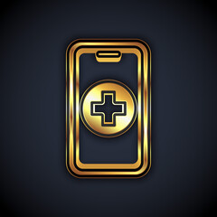 Obraz premium Gold Phone repair service icon isolated on black background. Adjusting, service, setting, maintenance, repair, fixing. Vector.
