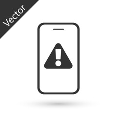 Grey Mobile phone with exclamation mark icon isolated on white background. Alert message smartphone notification. Vector.