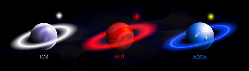 3d set of samples of planets in the style of saturn, with bright glowing color rings. Ice, hot and aqua. Nebula dark background © GAlexS