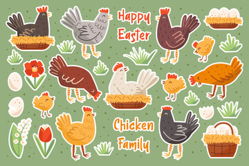 Set of chicken family. Chicken, hen, cock, egg, nest, flower. Farm domestic animals, birds. Happy Easter elements, set of stickers.