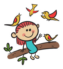 Cute girl with birds stock illustration