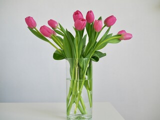 Bouquet pink tulips in glass vase stands on table on gray background. Easter day, March 8, women's day, birthday, gift, flowers for woman. Easter and spring greeting card Floristry Florist