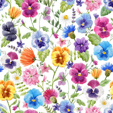 Beautiful seamless floral pattern with watercolor gentle colorful summer pansy flowers. Stock illustration.