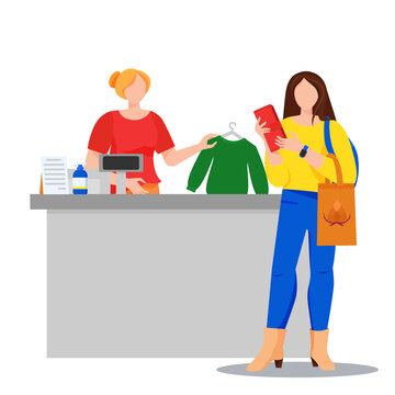 Store with customer buing jamper and cashier. Shopping concept illustration. Woman paying cash.