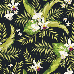 Tropical vector pattern with hibiscus, orchid, palm leaves.Exotic style. Seamless botanical print for textile, print, fabric on dark background © Logunova  Elena