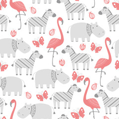 Naadloze patroon met schattige Afrikaanse dierentuindieren. Platte en eenvoudige ontwerpstijl voor baby, kinderen behang, achtergrond, stof illustratie.