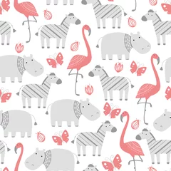 Tapeten Nahtloses Muster mit niedlichen afrikanischen Zootieren. Flacher und einfacher Designstil für Baby, Kindertapete, Hintergrund, Stoffillustration. © Polina Tomtosova