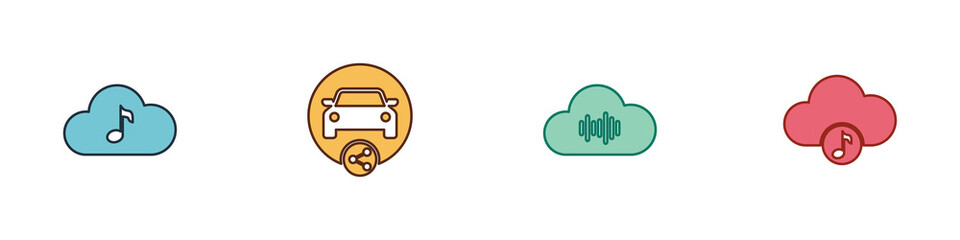 Set Music streaming service, Car sharing, and icon. Vector.