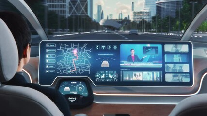 Futuristic Concept: Stylish Businessman Using Navigation App on an Augmented Reality Dashboard with Financial News Broadcast while Sitting in an Autonomous Self-Driving Zero-Emissions Electric Car