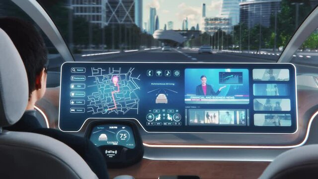 Futuristic Concept: Stylish Businessman Using Navigation App on an Augmented Reality Dashboard with Financial News Broadcast while Sitting in an Autonomous Self-Driving Zero-Emissions Electric Car