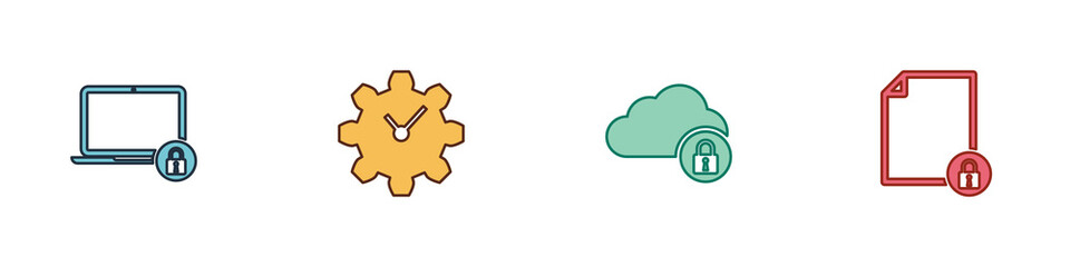 Fototapeta premium Set Laptop and lock, Time Management, Cloud computing and Document icon. Vector.