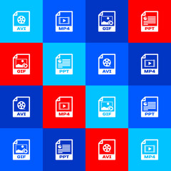 Set AVI file document, MP4, GIF and PPT icon. Vector.