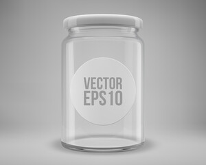 Glass jam jar with a lid. A transparent jar with a white round cisticker. Realistic 3D illustration. Vector.