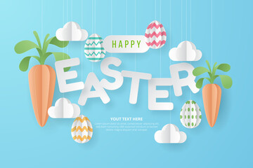 Happy Easter background with eggs, carrot, dan bunny. Paper Art. Vector Illustration.
