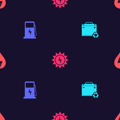 Set Car battery with recycle, Electric car charging station, Solar energy panel and Water on seamless pattern. Vector.