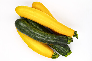 Courgette isolated. Clipping zuchhhini ugly organic, fresh vegetable nutrition, raw food agriculture, spagetti sause plant. Yellow, green zucchini, vegan or vegetarian diet harvest, closeup view