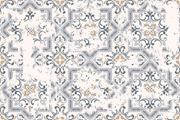 Seamless vintage pattern with an effect of attrition. Patchwork carpet. Hand drawn seamless abstract pattern from tiles. Azulejos tiles patchwork. Portuguese and Spain decor.
- 414346147