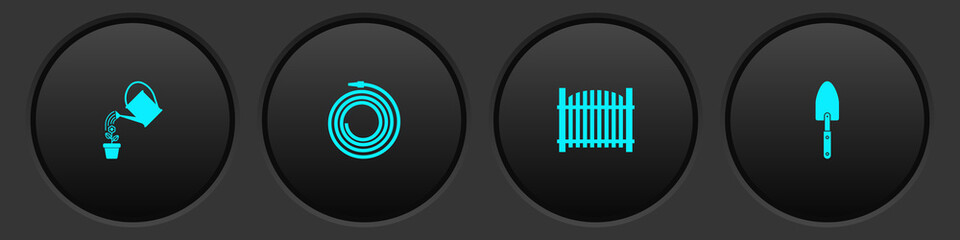 Set Watering can, Garden hose or fire hose, fence and trowel spade shovel icon. Vector.