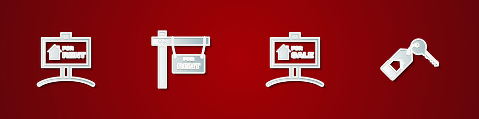 Set Hanging sign with For Rent, , Sale and House key icon. Vector.