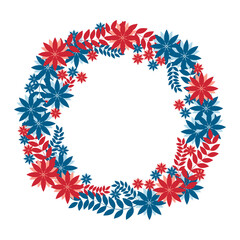 Fototapeta na wymiar Round flower wreath with cute red and blue flowers and leaves. Vector illustration for greeting cards, posters, invitations, art prints, baby shower, wedding