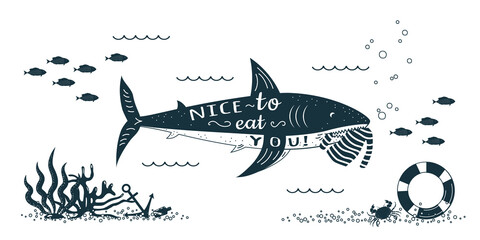 Funny shark with text nice to eat you and  striped vest in her teeth swims in the sea. Vector illustration in hand drawn style