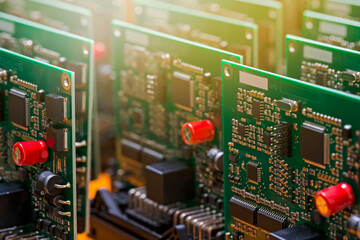 Electronic Ideas. Close-up Shoot of Automotive Printed Circuit Boards with Soldered SMD or Surface...