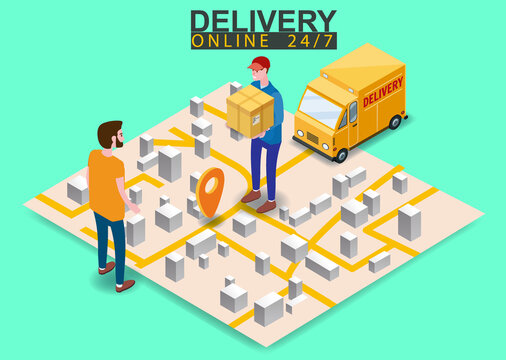 Isometric Fast Express and Delivery. Courier shipping to man a cardboard box. Free shipping, product goods 24 hour delivery. Delivery truck van, map city