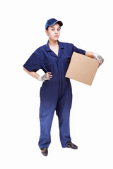 Full Length Portrai ot Gleeful and Positive Caucasian Female Messenger With One Freight of Carton Box Parcel to Addressee.