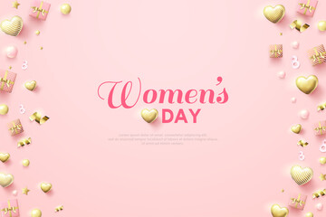Obraz na płótnie Canvas Women's day background with illustration of small gift box and golden love balloons.