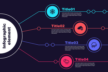 Set Snowflake, Cloud with snow, rain and lightning and moon. Business infographic template. Vector.