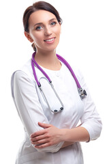 Fototapeta premium Portrait of Professional Smiling Female GP Doctor Posing in Doctor's Smock and Endoscope On White Background.