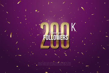200k followers with numbers and gold spots on purple background.