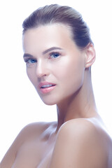 Portrait of Young Caucasian Woman with Clean Skin for Facial Treatment,  Cosmetology, Beauty and Spa.