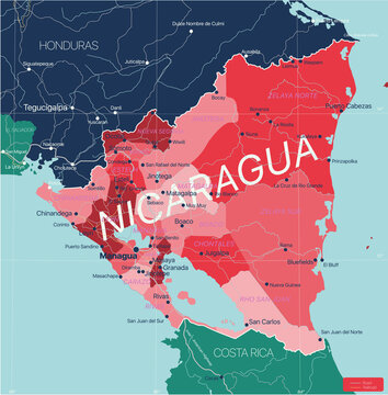 Nicaragua country detailed editable map with regions cities and towns, roads and railways, geographic sites. Vector EPS-10 file