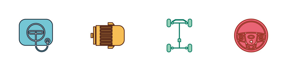 Set Oil filler cap at gas station, Electric engine, Chassis car and Steering wheel icon. Vector.