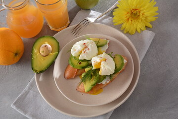 Poached eggs and sandwiches with avocado. Sliced avocado and egg on toasted bread for healthy breakfast or snack