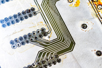 Macro Shoot of Empty Used Printed Circuit Board with Flux Residues and Metallization Circuitry for...