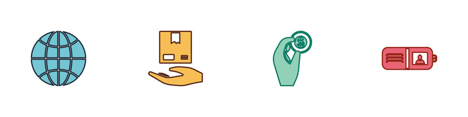 Set Worldwide, Delivery hand with boxes, Hand holding coin money and Wallet icon. Vector.