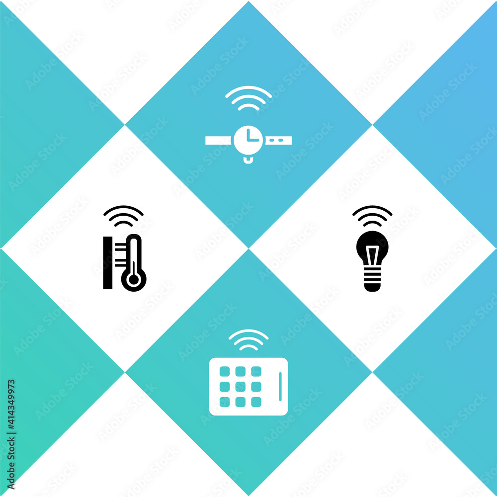 Wall mural Set Smart thermometer, Wireless tablet, Smartwatch and light bulb icon. Vector.