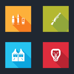 Set Bullet and cartridge, Shotgun, Hunting jacket and Bear head on shield icon. Vector.