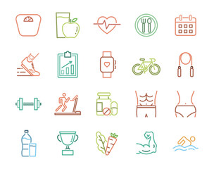 Exercise and healthy program line icons set.