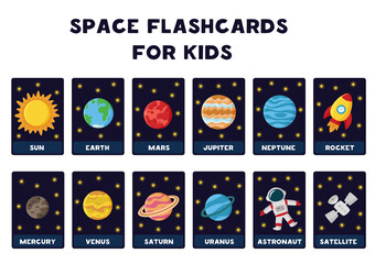 Solar system planets with names. Space flash cards. © Milya Shaykh