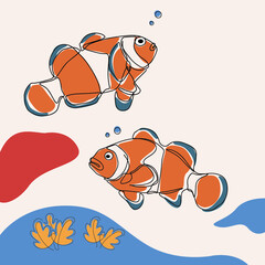 minimalist line art style clownfish illustration and one line art with earth tone. creative for wall decoration, postcard or brochure cover design.editable and suitable for templates.