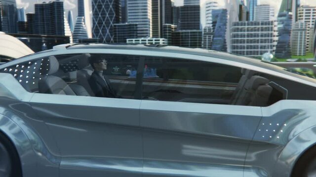 Futuristic Concept: Japanese Businessman Checking Arrival Location on an Interactive Augmented Reality 3D Navigation App while Sitting in on the Back Seat of an Autonomous Self-Driving Car with VFX.