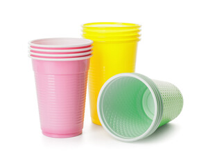 Plastic cups on white background