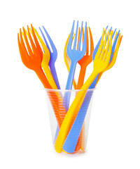 Plastic tableware on white background